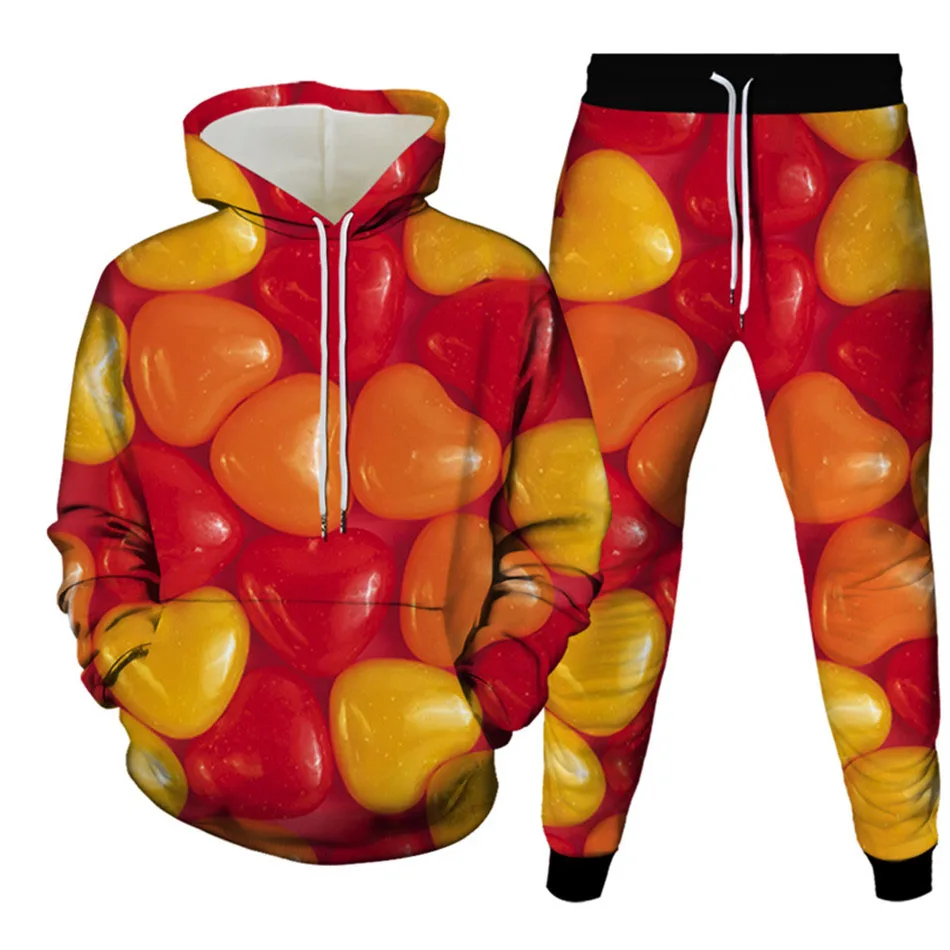 Autunno Candy Chocolate Pizza Felpa con cappuccio stampata in 3D Felpa da uomo Pantaloni sportivi Moda Tuta a due pezzi Set Abbigliamento uomo