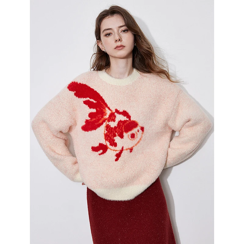 TOYOUTH Women Knitted Sweater 2024 Autumn and Winter New Koi New Chinese Style Long Sleeve Round Neck Pullover Tops