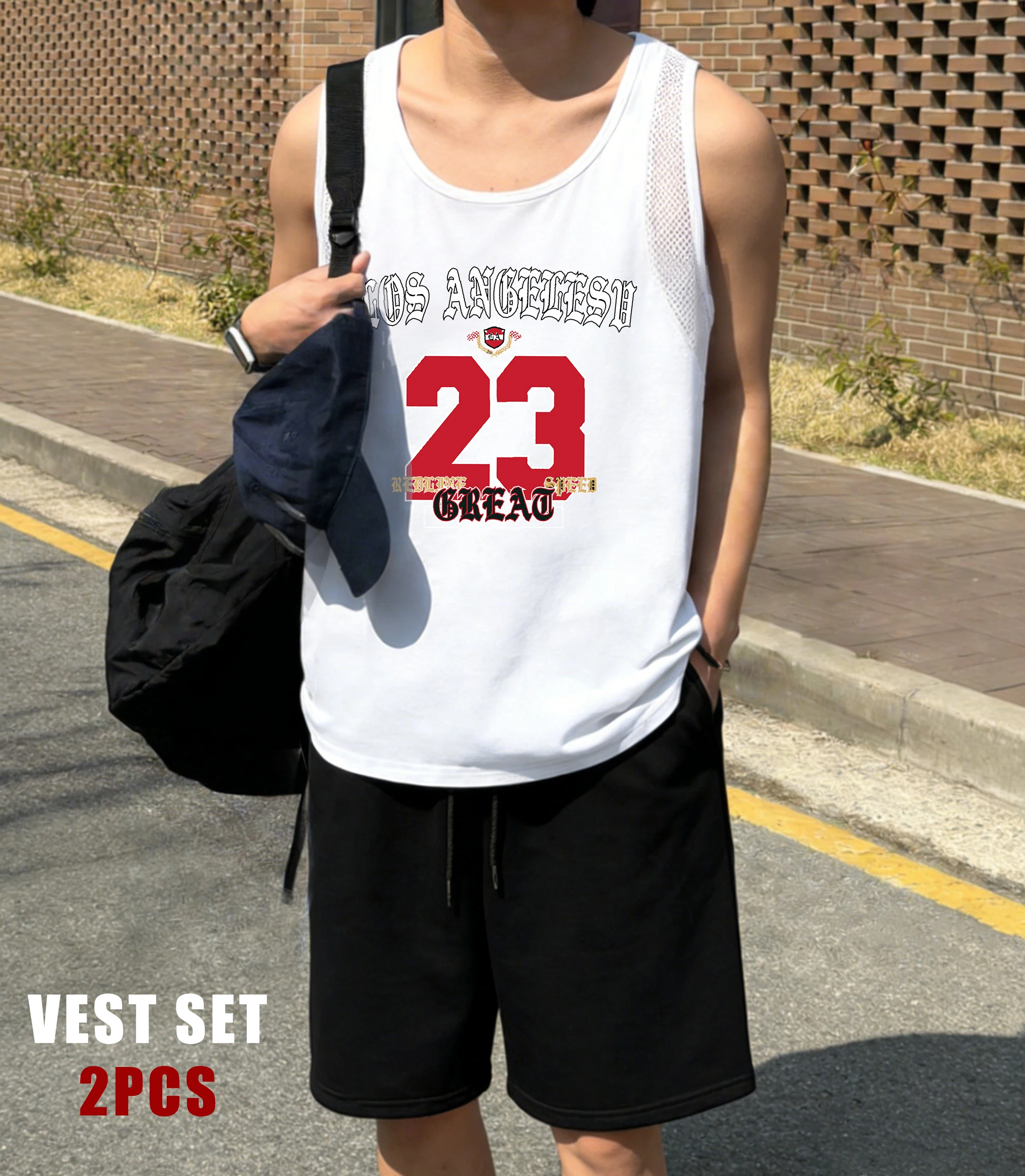 

Los Angeles Letter Number 23 Print Reticular Vest Set Men Soft Fashion Shorts O-Neck Breathable Top Summer Sleeveless Tee