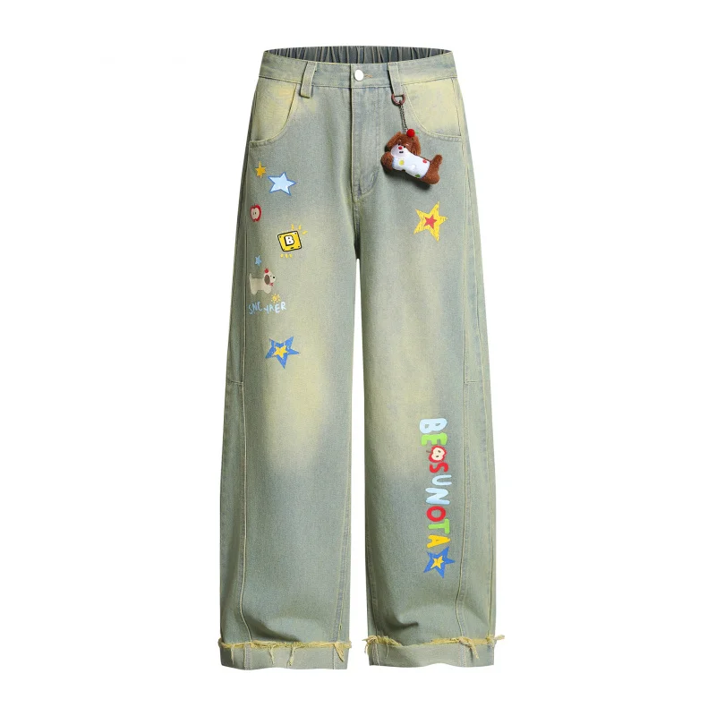 MAQVOB Jeans dritti da cartone animato di alta qualità taglia EU US Pantaloni a gamba larga con ciondolo cane staccabile unisex