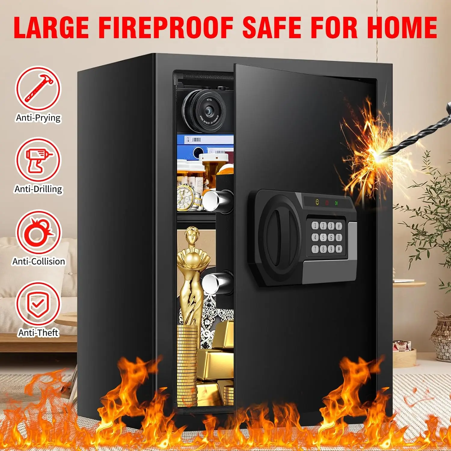 Large 3.4 Cu Ft Fireproof Waterproof Safe Box with Digital Keypad & Alarm for Home Documents Valuables