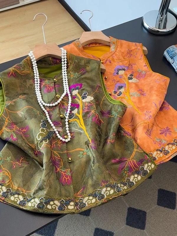 Elegant Chinese Style Embroidered Vest Women's Fashion Retro Tang Suit Top Button Design National Trend Autumn New Arrival