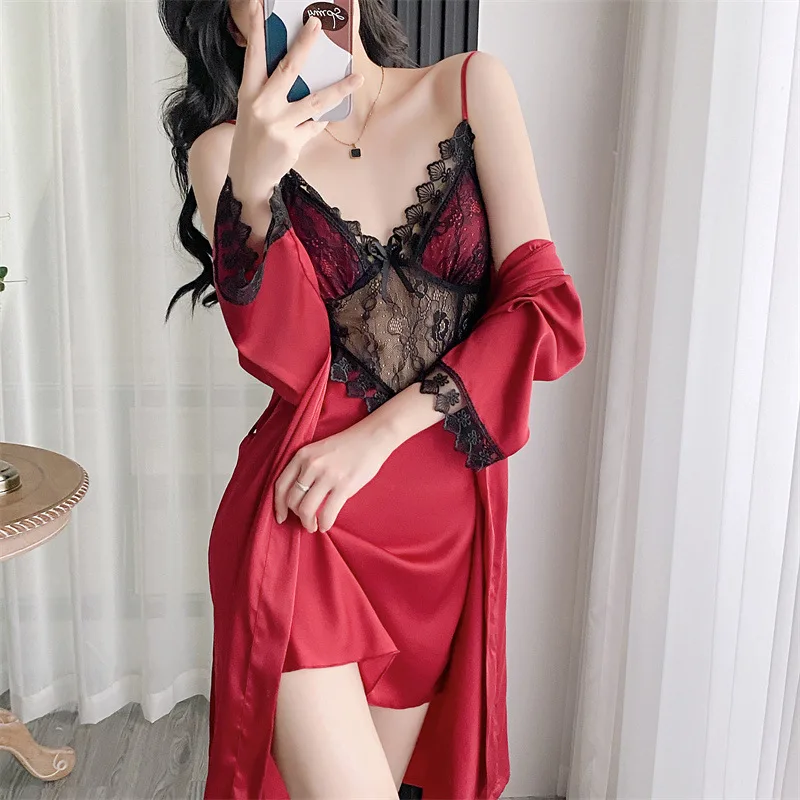 2PCS Bathrobe Gown Suit Summer Women Lace Hollow Out Nightdress Robe Set Loungewear Rayon Kimono Sleepwear