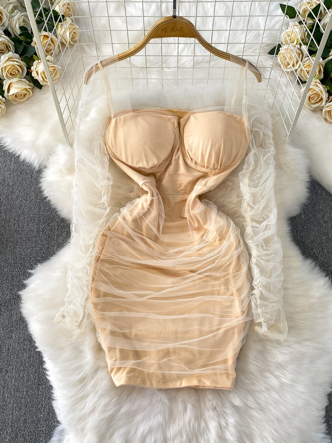 E vestido de malha de manga crida de cintura alta f design de verão slim-fit bodycon saia painéis transparen...