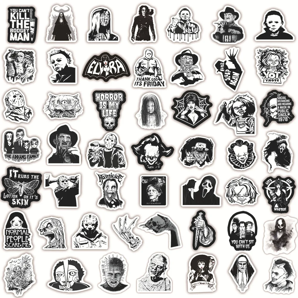 50PCS Cartoon Black White Horror Theme Personalized Graffiti Creative Helmet Sticker Skateboard Mobile Phone Computer Decoration