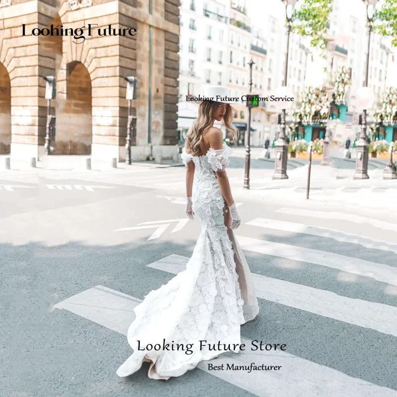 カスタムメイドの豪華なアイボリーマーメイドウェディングドレス、レースアップリケ、オフショルダーブライダルガウン、イリュージョンVネック、オープンバック、ロングトレーン