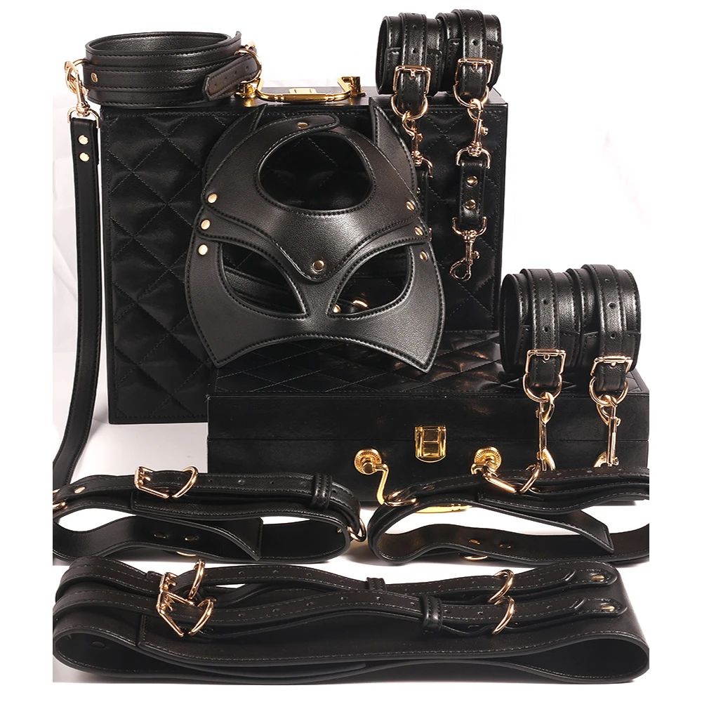 

Thierry BDSM Bondage Restraint Kits Handcuffs Collar Wrist Ankle Leg Thigh cuffs Waist Belt Mask Sex Toys For Couples Adult Game