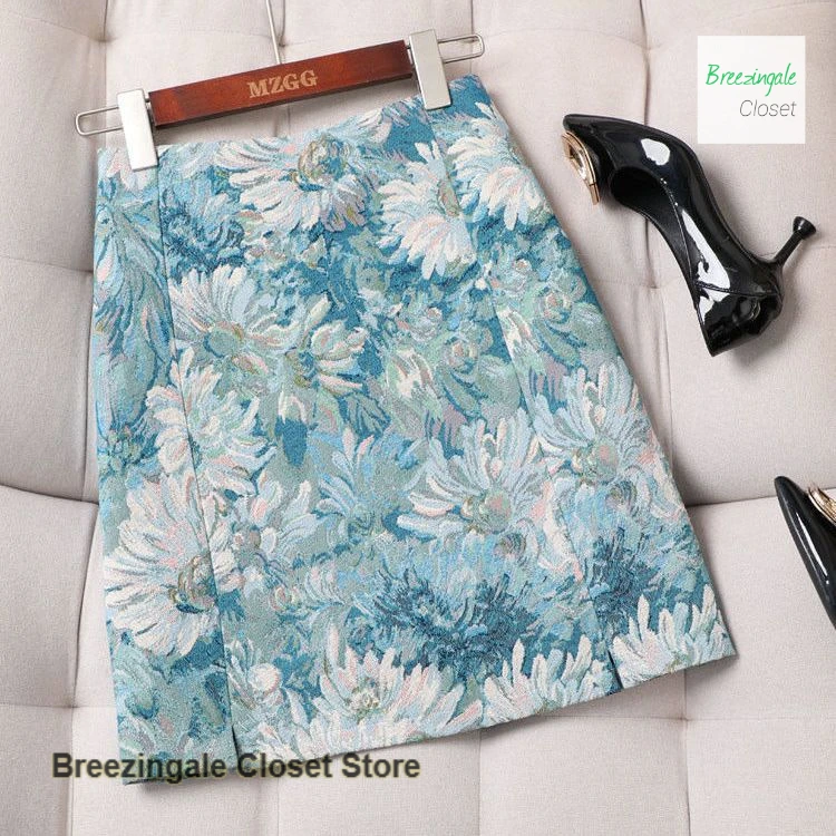 

French style oil painting flower skirt female summer new fashion temperament high waist design retro casual split A-line skirt