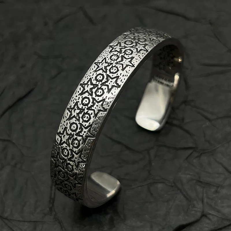 Boho Vintage S925 Pure Silver Carved Bangle Handmade Ethnic Style Wrist Ornament