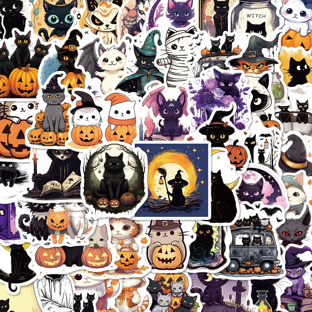 10/50pcs Cute Halloween Cat Stickers Aesthetic Happy Halloween Decals Decorative Scrapbook Notebook Phone Luggage Sticker