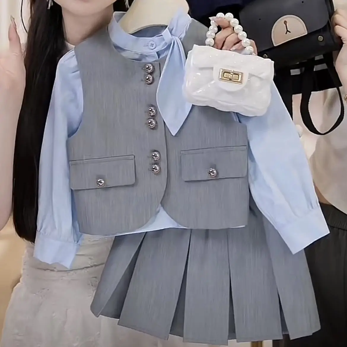 Girls' Spring and Autumn Set New Style Girls' College Style Shirt Vest pleated Skirt Fashionable 3-Piece Set Trendy