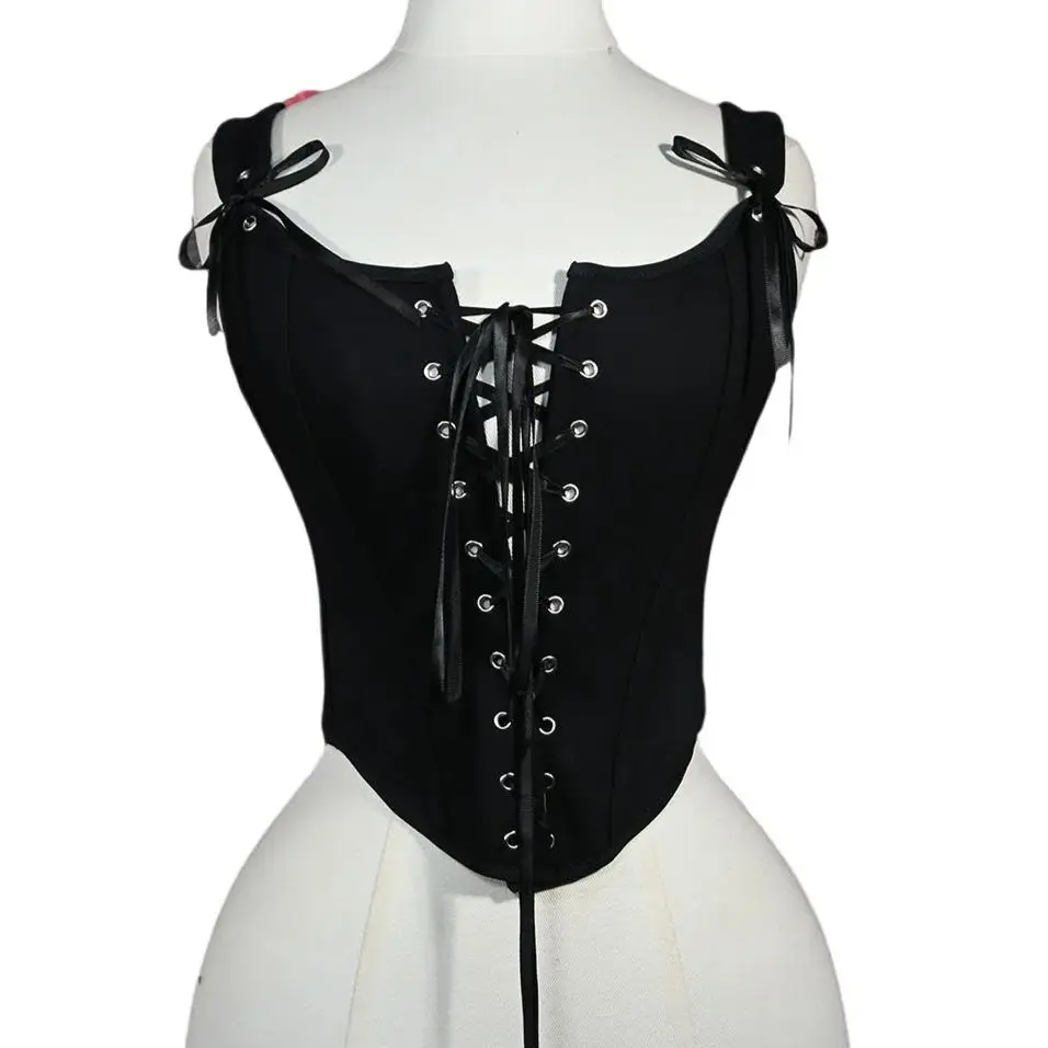 Corsé de algodón para mujer, corpiño por encima del busto con cordones en la parte delantera, corpiño Vintage deshuesado, traje de escenario negro, entrenador de cintura, Tops cortos con realce de pecho