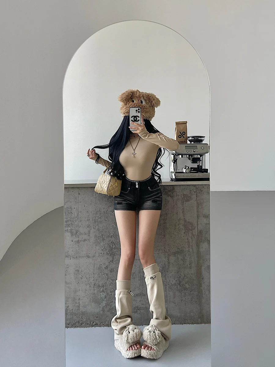 

High Waist Slimming Denim Shorts Women's Hot Pants Faded Washed Crop Jeans Tummy Control Hole Punch Detailing Casual Summer