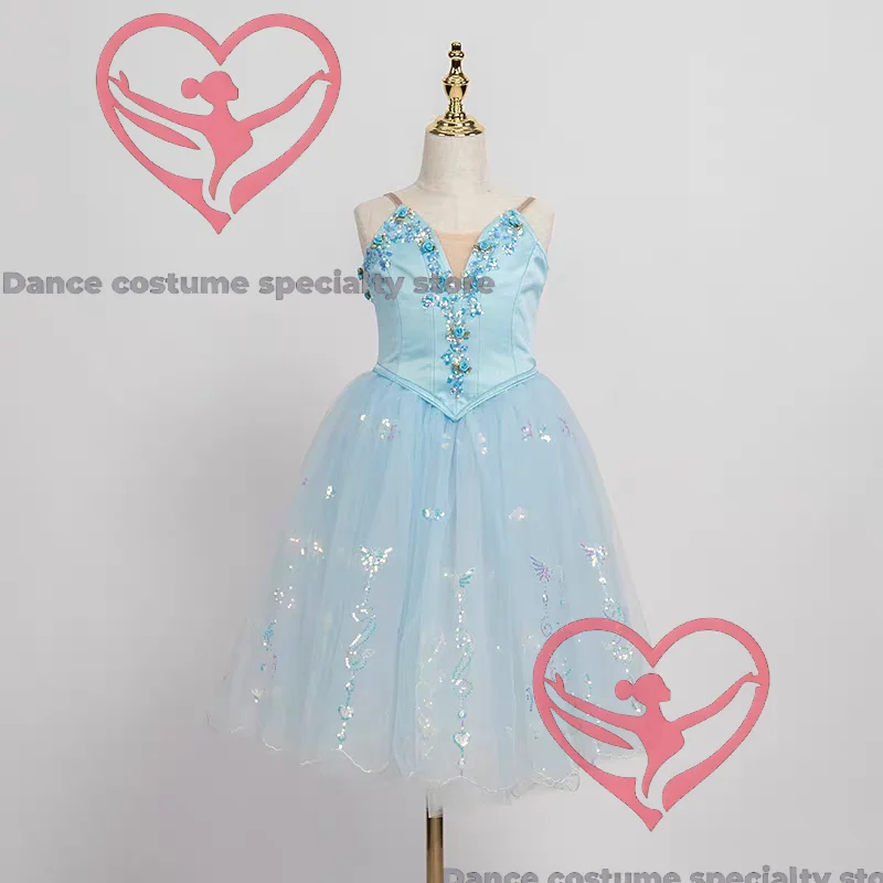 

Sky blue sequin embroidered ballet dress for adults and children, customised for competitions and practice