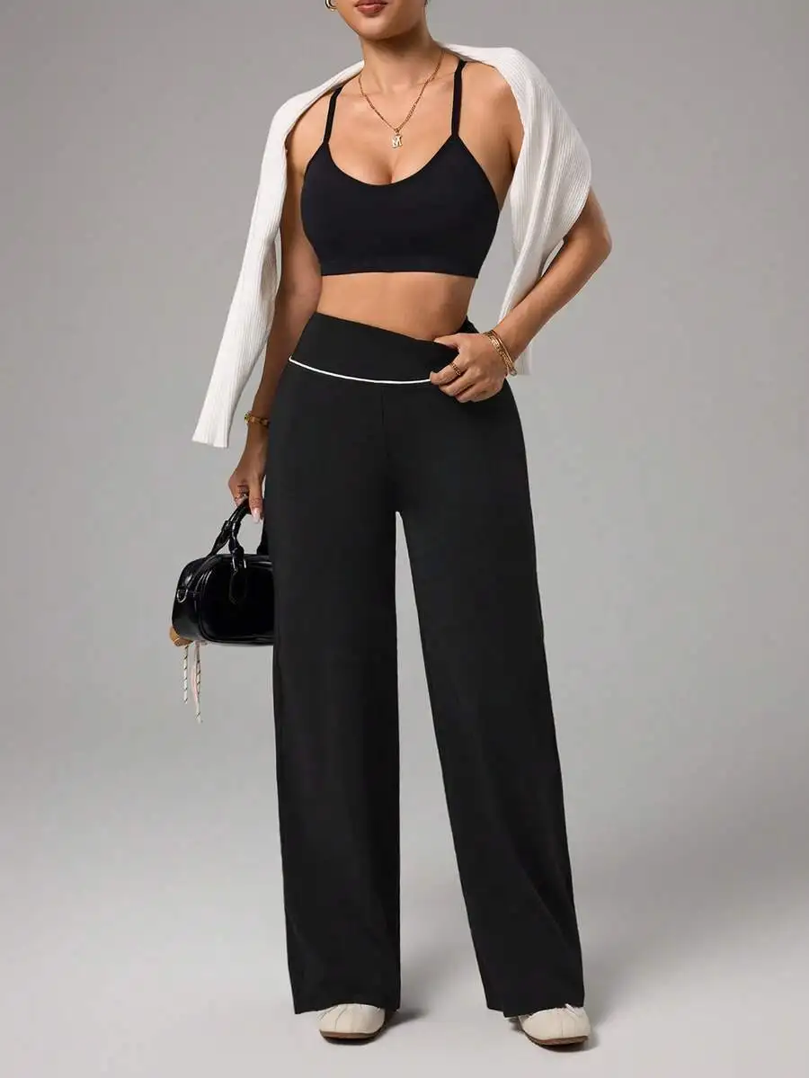 

Womens Wide Leg Yoga Pants With Contrast Waistband Casual Fitness Trousers