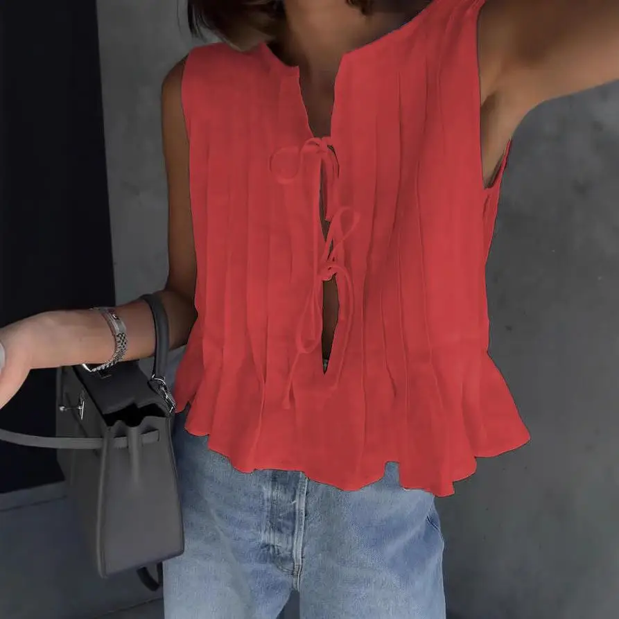 Mujer Algodón Lino Irt Cintura atada Primavera Verano Casual Cómodo Transpirable No Sve Color liso Diseño plisado