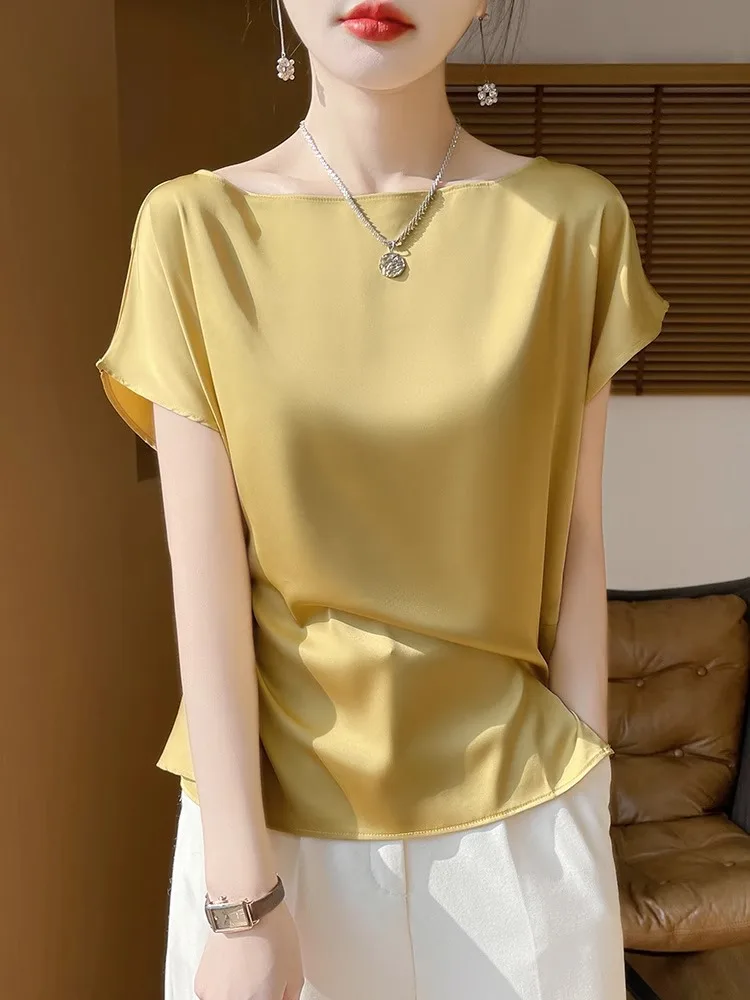 Faionable Acetato Raso di seta Allentato ort Sve Top monospalla per donna Ele Colore puro Estate Nuovo Sle Versatile Top