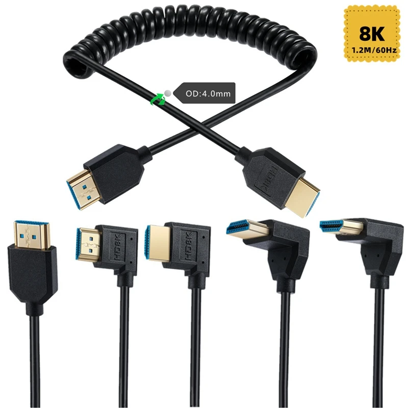 90 Degree Angle HDMI - compatible with Coiled Cables Supporting 48Gbps 8K60 4K120 144Hz, for Cameras, Cameras, PCs, etc., 1.2 m