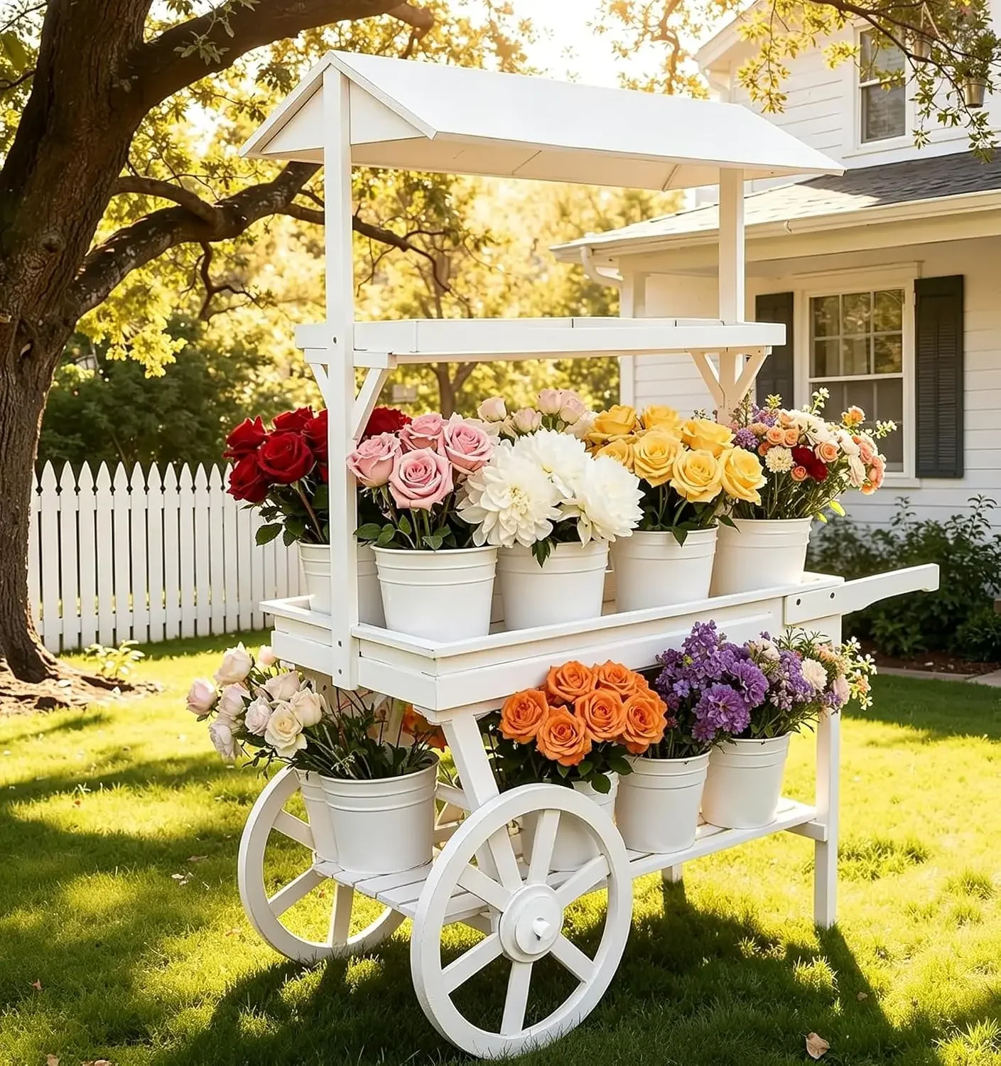 3-Tier Cedar Wood Rolling Display Cart | Vintage Mobile Shelf, Grid Shelves, Heavy-Duty 55 lbs Capacity, Wedding, Party, Craft &