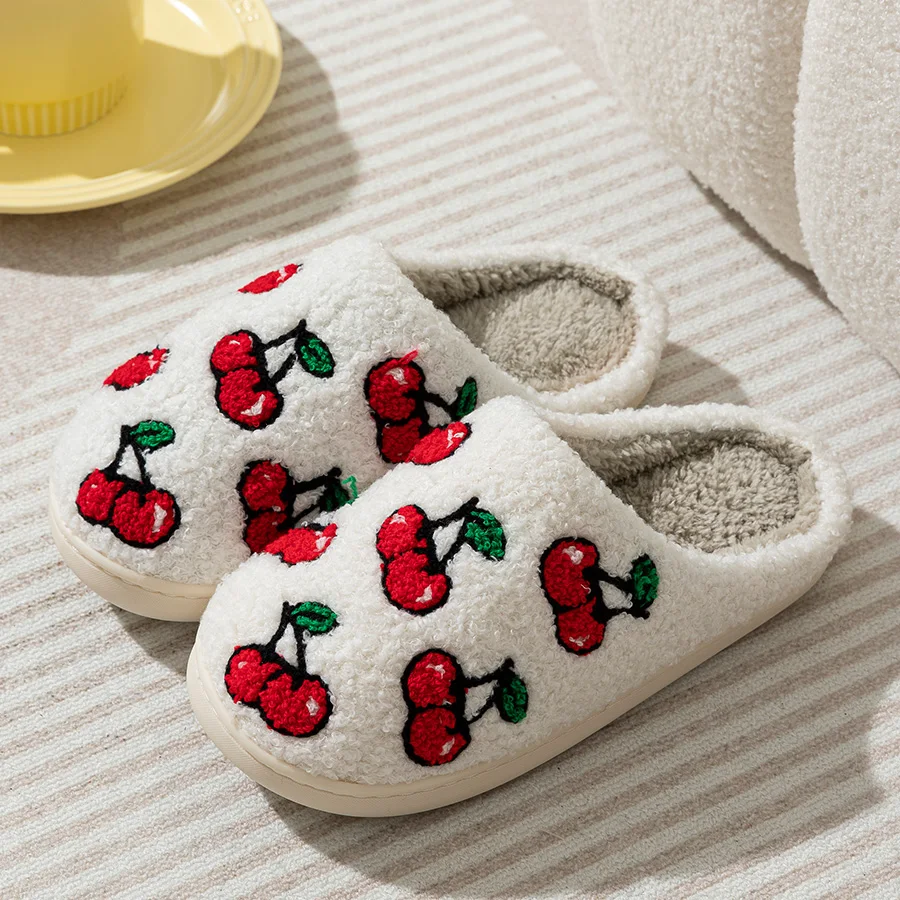 

Cherry Fruit Embroidered Pattern Winter Plush Slippers Classic Soft Sole Indoor Casual Women Bedroom Cute Home Warm Comfy Shoes