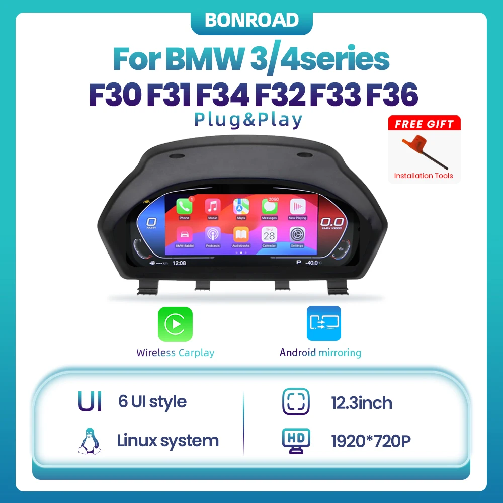 Bonroad Linux 12.3 Inch 1920*720P Wireless Carplay Android Mirroring Digital Instrument Cluster For BMW 3 Series F30/F31 3 Series GT-F34 4 Series F32/F33/F36 Car Dashboard Cluster Cockpit Voor Speedometer display Panel