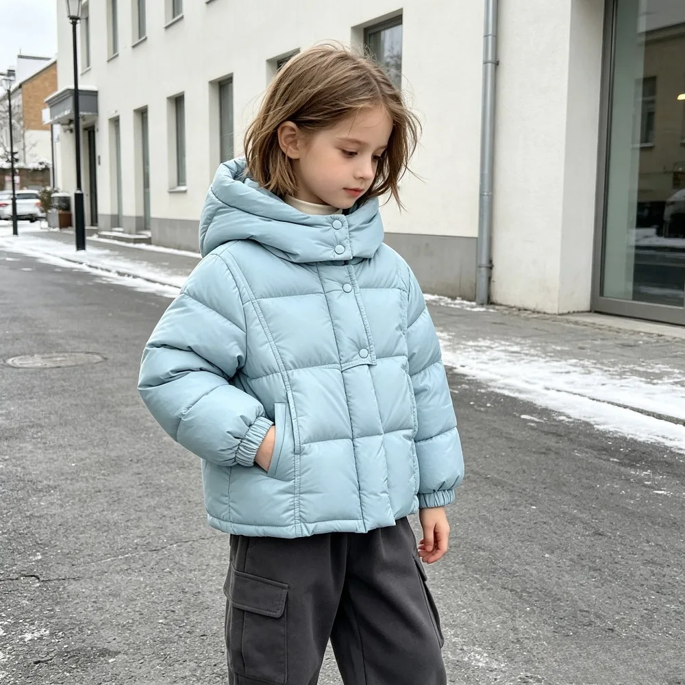 Kids Hooded Puffer Jacket Horizontal Quilted Winter Coat Thick Warm Windproof Outerwear Button Snap Zip Up Boys Girls Daily Wear
