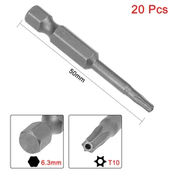 20pcs 50mm T10 Magnetic Torx Head Security Screwdriver Bits S2 Alloy Steel 1/4