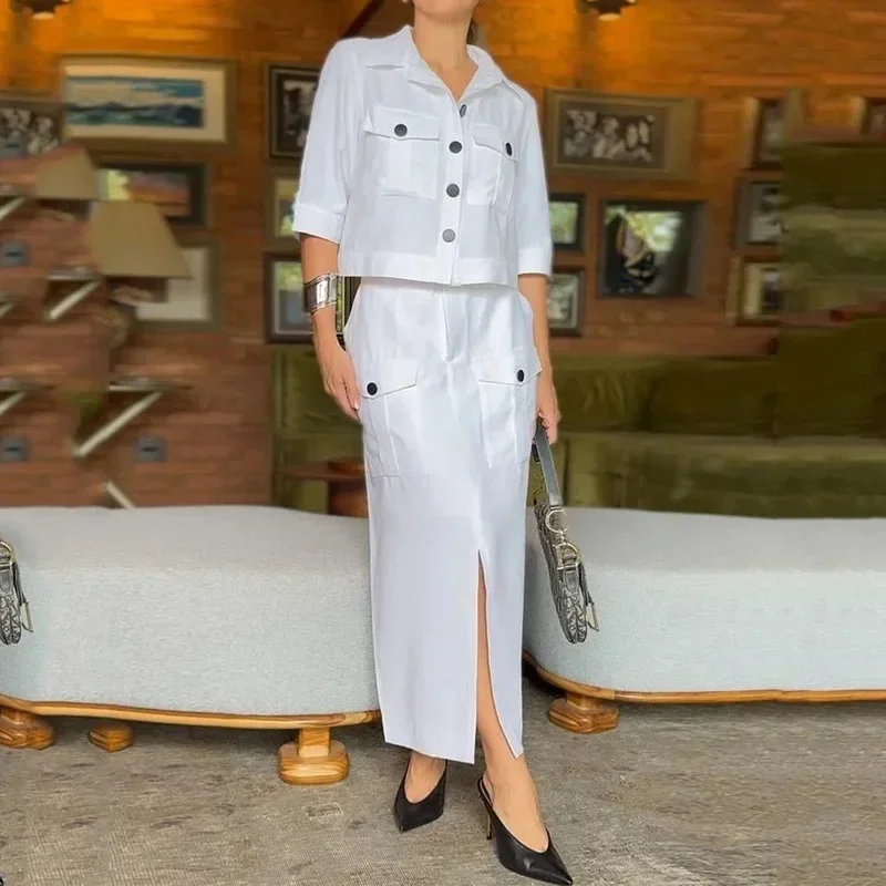 Five sleeve top and long skirt casual new elegant Polo solid color two-piece street outfit