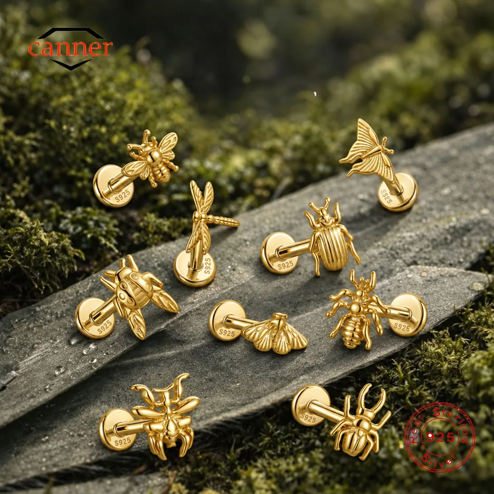 CANNER Cute Tiny Insect Halloween S925 Sterling Silver Threaded Stud Earrings Spider Dragonfly Ghost Pumpkin Piercing Jewelry