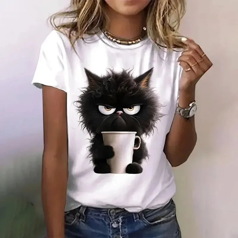 Funny Black Cat Printed Women T-shirt Summer Short Sleeves Streetwear Tshirt Fashion Casual T Shirt Round Neck Retro Women Tops