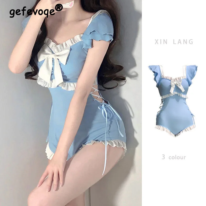 Korean Girl Summer Sweet Bow Ruffles Patchwork High Waist Swimsuit Women Sexy Push Up Slim Beach Wear Bathing One Piece Swimwear