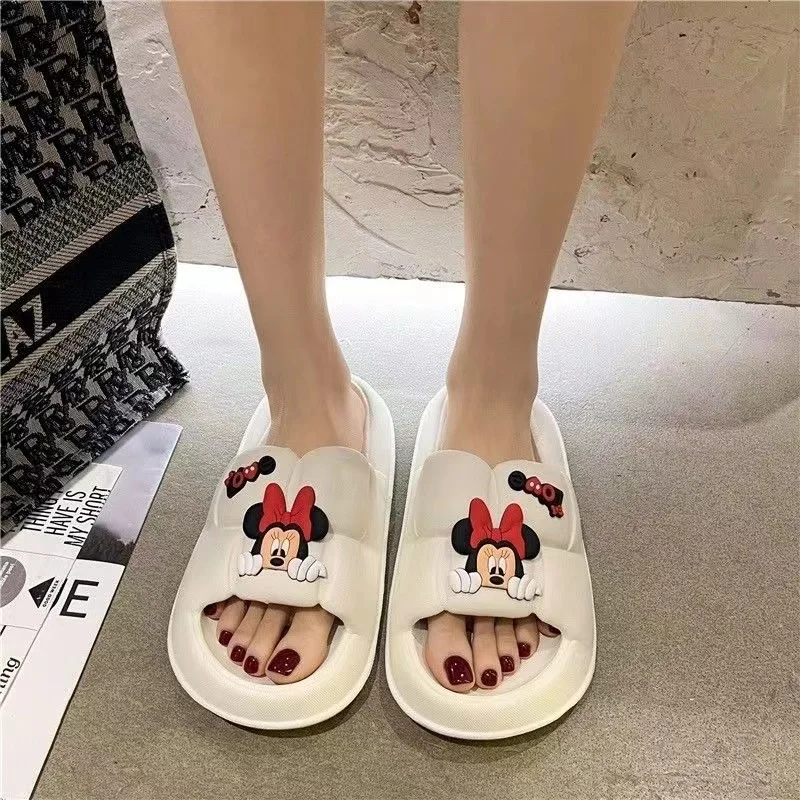 Cute cartoon animal Mickey bow women\'s slippers thick bottom soft couple indoor bathroom women\'s Minnie 2024 summer sandals