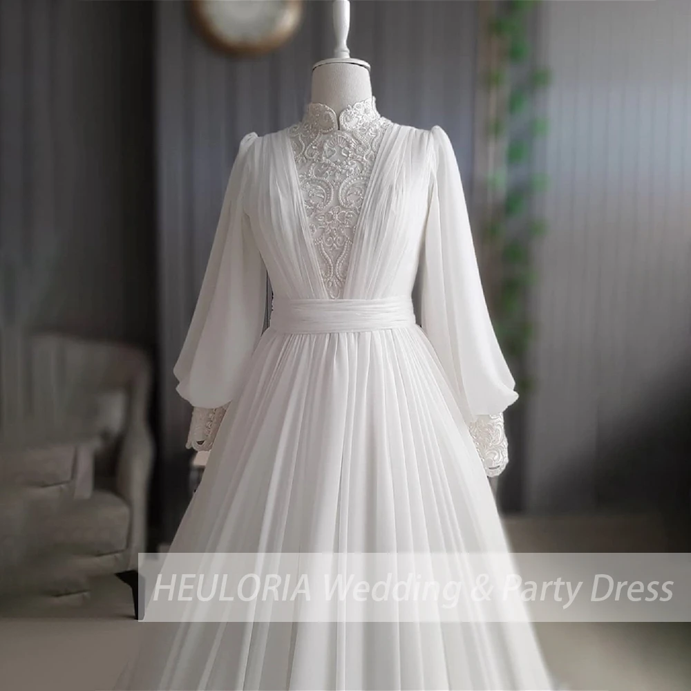 elegant heavy lace beading Muslim Wedding Dress long sleeve high neck chiffon bride dress plus size bride Wedding Gown