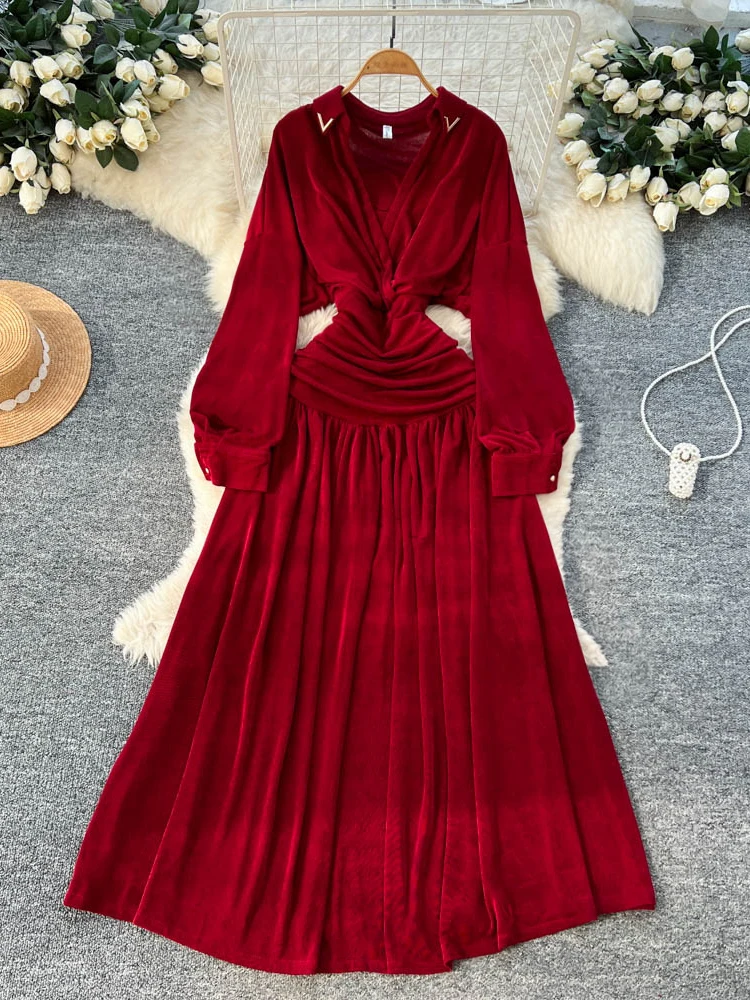 Slim Fit Long Sleeve V-Neck Dress Women's Early Spring Waist Cinching Long Dress Commute High-End Feelings A-Line Skirt