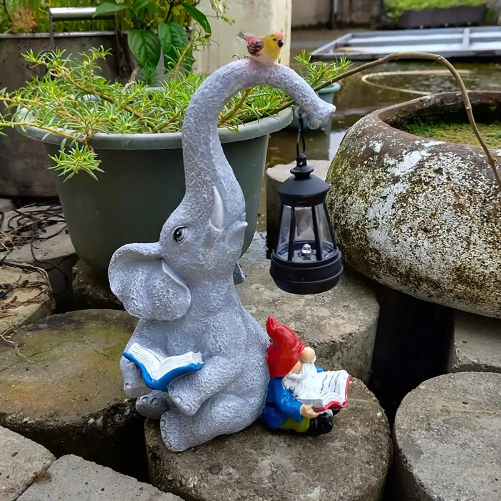 Unique Solar Lamp Design Solar Powered Elephant Gnome Sculpture for Outdoor Decor Resin Figurine with Lantern for Yard for Mom