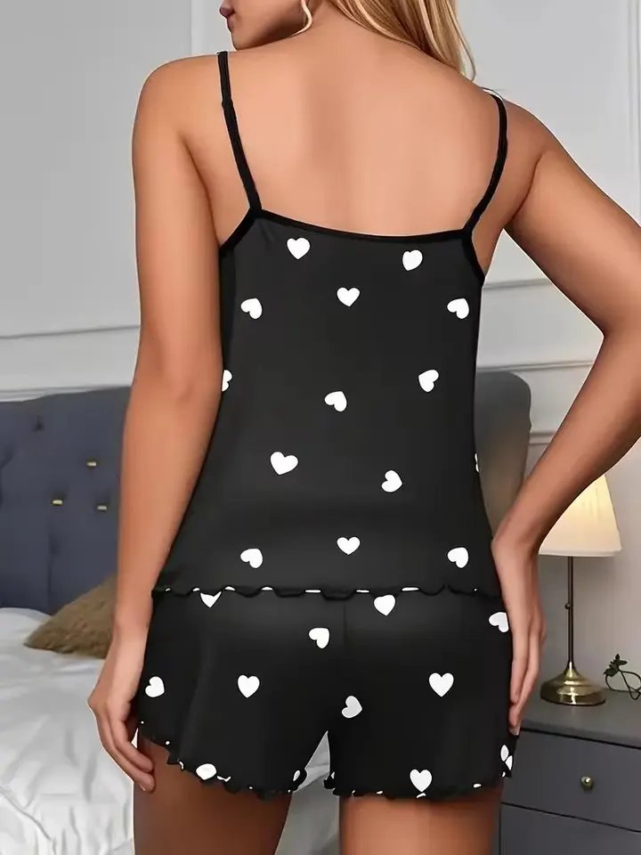 S M L XL 2XL 5 Size Choose Women's Two-Piece Suspender Heart Printed Top and Shorts Women's Casual Printed Pajama Set Homewear view 5