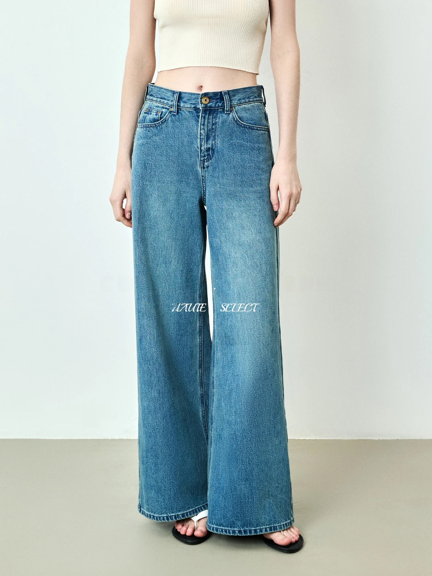 

SUK Modern Denim High Waist Straight Leg Wide Leg Pants Blue Jeans Women's Long Trousers Slimming Versatile