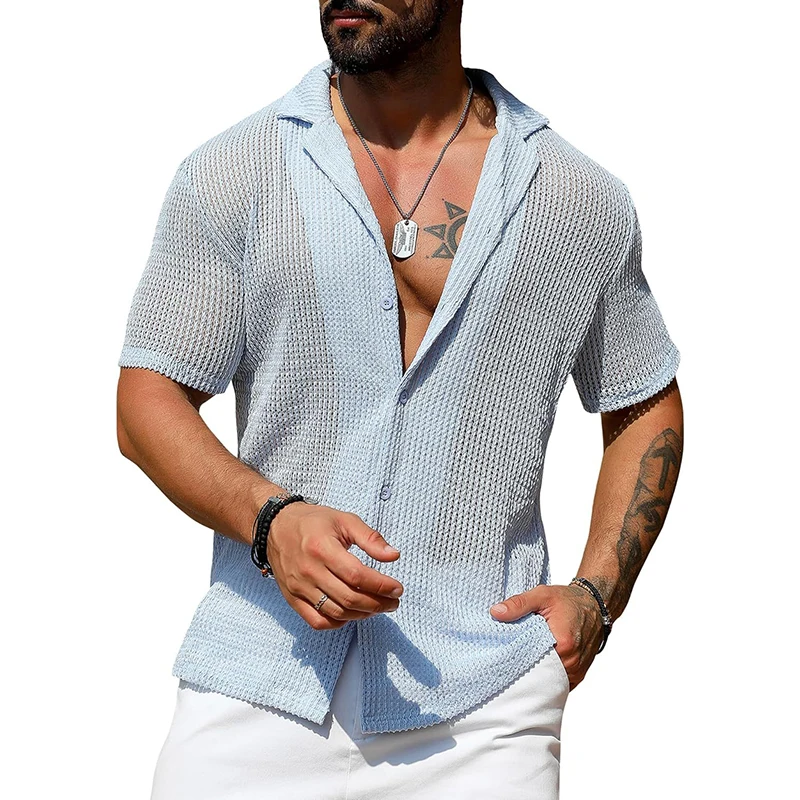 

Sexy Hollow Out Breathable Knitted Shirt Men Summer Beach Casual Shirts Mens Short Sleeve Lapel Button Solid Color Cardigan Tops