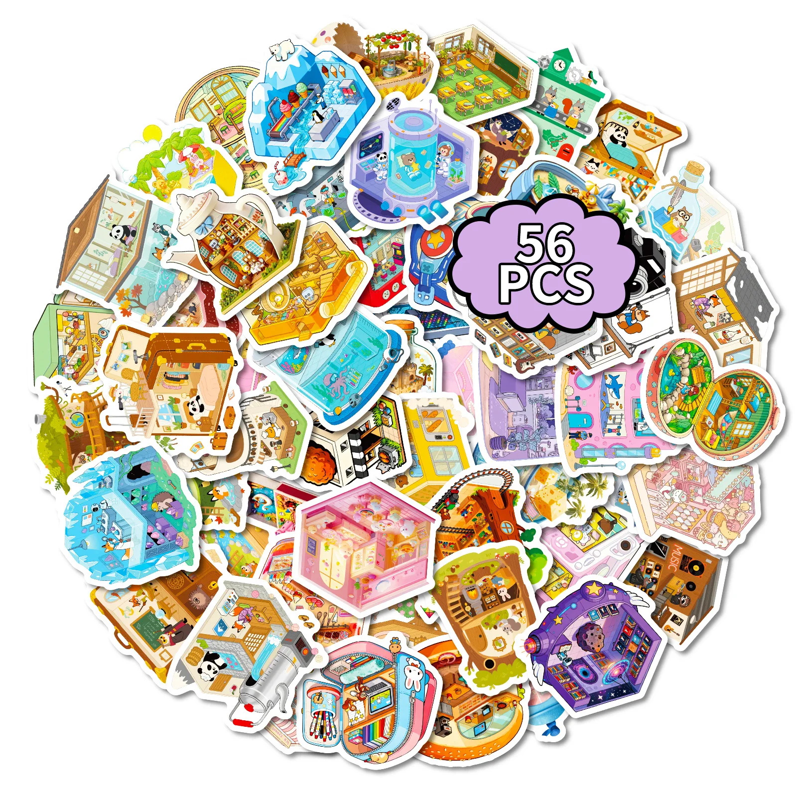 56/112 autocollants décoratifs 3D multi-thèmes de dessins animés, autocollants de scène 3D, papeterie, carnet, autocollants imperméables, récompenses