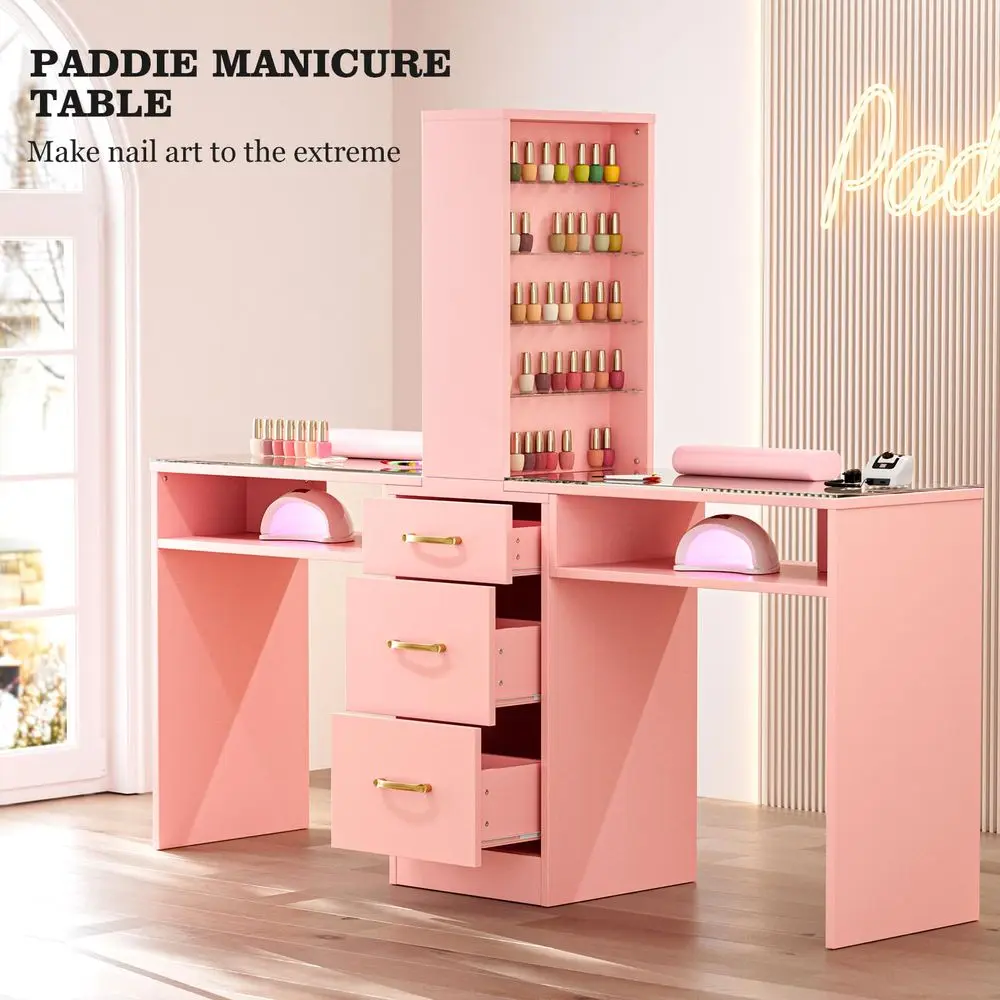 

Double Manicure Table, Nail Desk for Nail Tech w Glass Top amp Wrist Rest, Nail Beauty Workstation w 3 Storage Drawers amp 8Tie