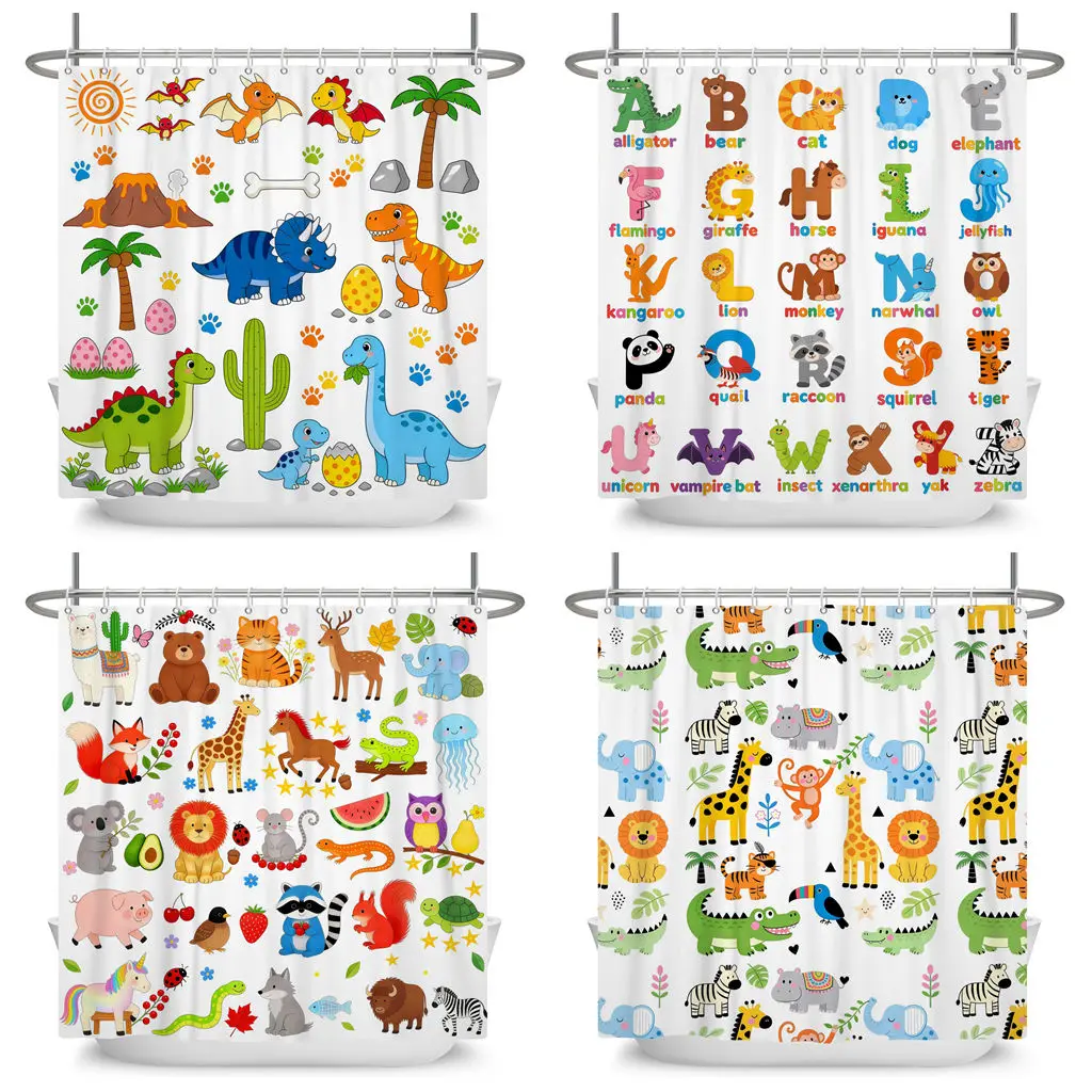 Cartoon Animal Alphabet Shower Curtain for Kids ABC Educational Learning Tools Baby Girls Boys Colourful Bath Curtain Bathroom