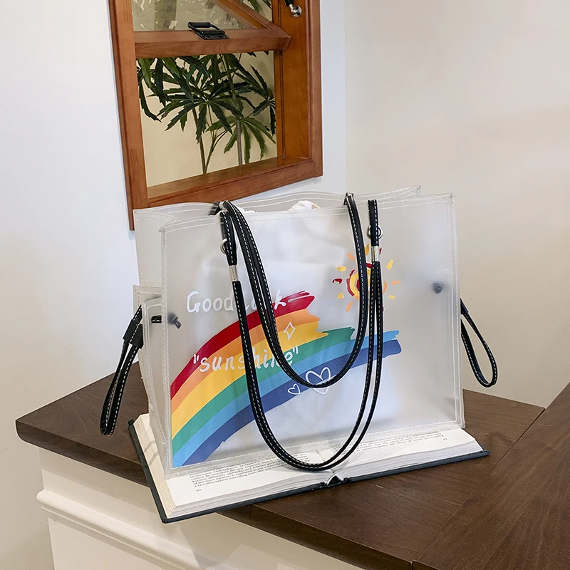 

2025 Summer Travel Bag For Women Printing PVC Handbag Warterproof Transparent Shoulder Bag Fashion Vacation Beach Tote Bag