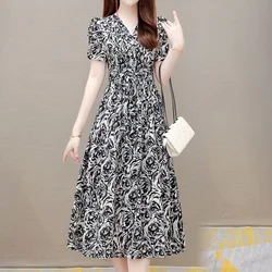 2023 Summer New Style Temperament Women's Clothing Lacing Fashion V-Neck Printing Short Sleeve Splicing Pockets Slim Midi Dress