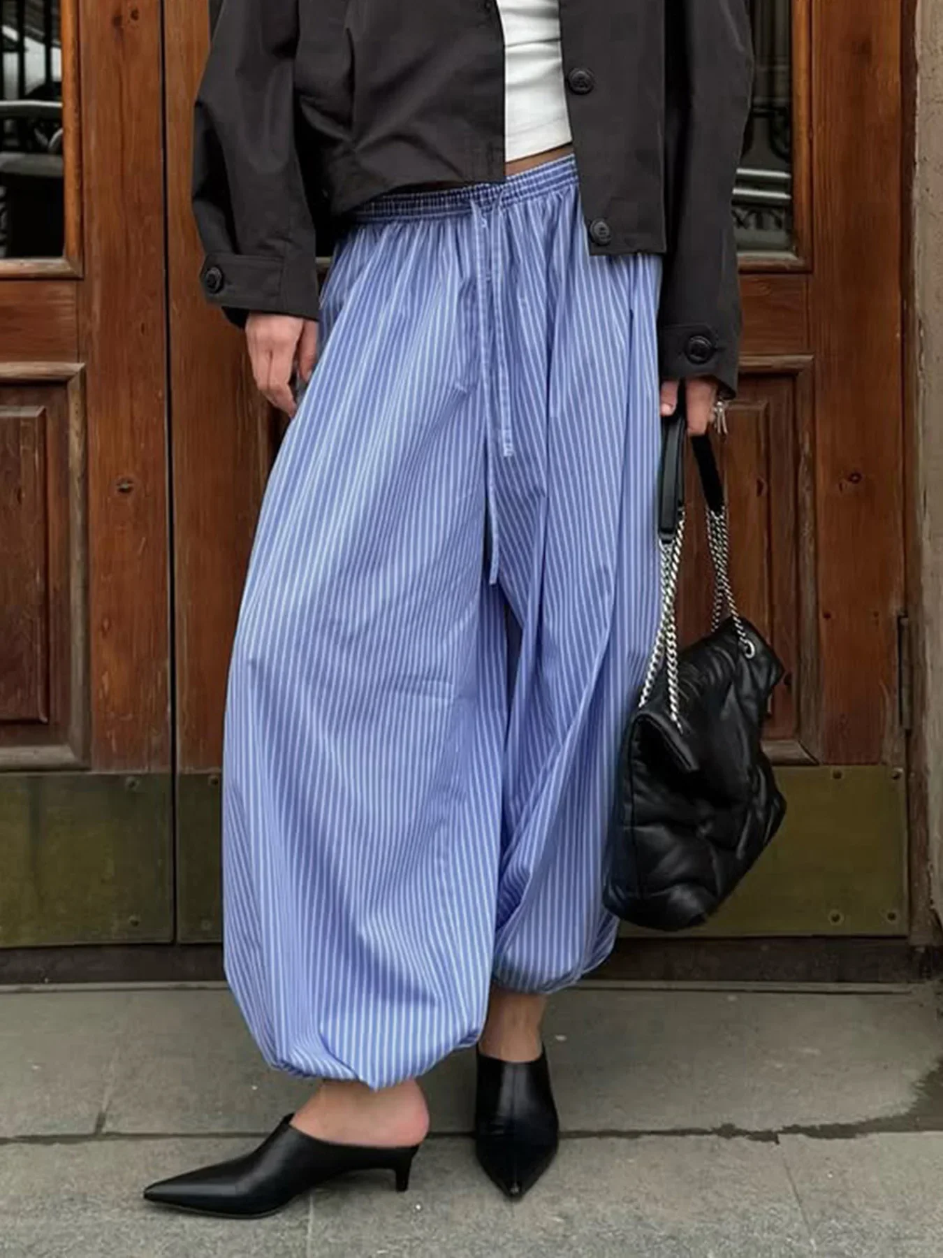 

Fmxires Streetwear Blue Striped Print Casual Pants Elastic Low Rise Loose Trousers y2k Aesthetic Korean Style Hippie Trousers