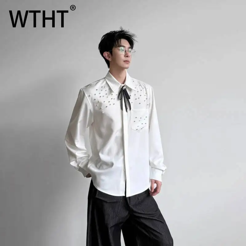 

WTHT Fashion Men's Heavy Industy Spliced Rivet Pearl Tie Design Shirts Trendy 2026 Summer Lapel Long Sleeves Tops Male 2A3028