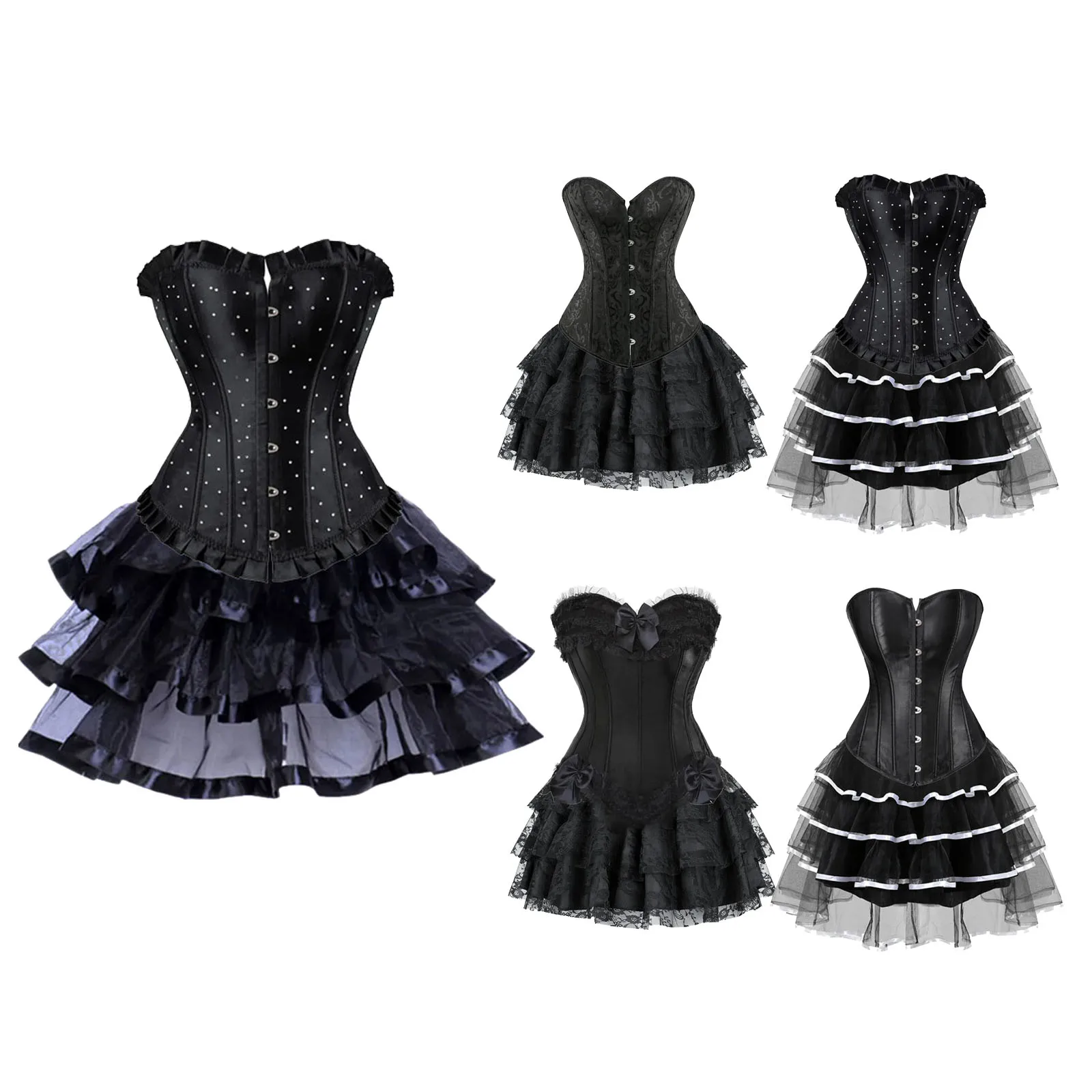 Black Corsets Dress for Women Plus Size Overbust Corset with Tutu Skirt Set Burlesque Corselet Victorian Retro Gowns Costumes