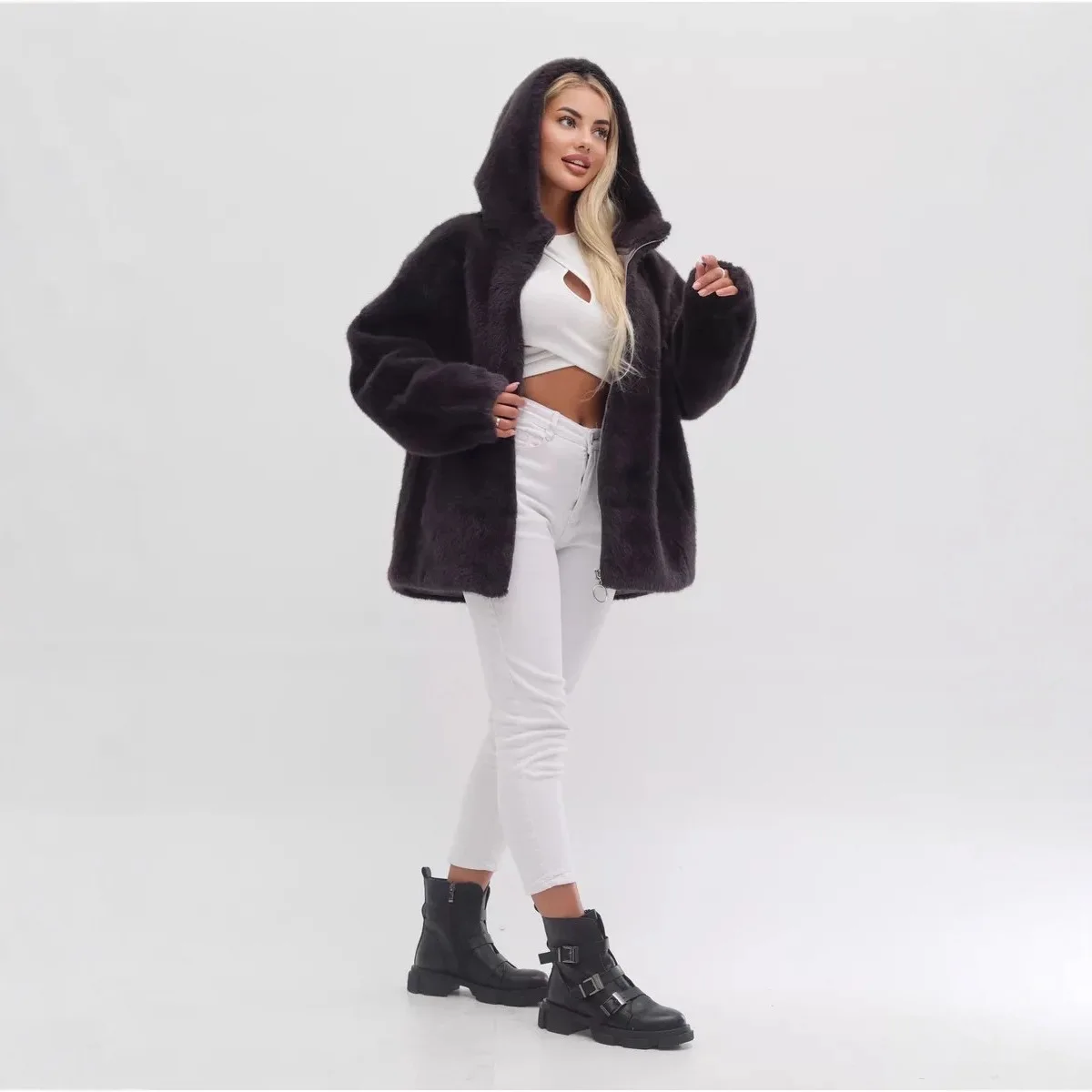 Black Hooded Short Fur Coat for Women's Autumn Winter High-end 2026 Fashion Temperament Imitation Fur Coat Female Warm Outwear