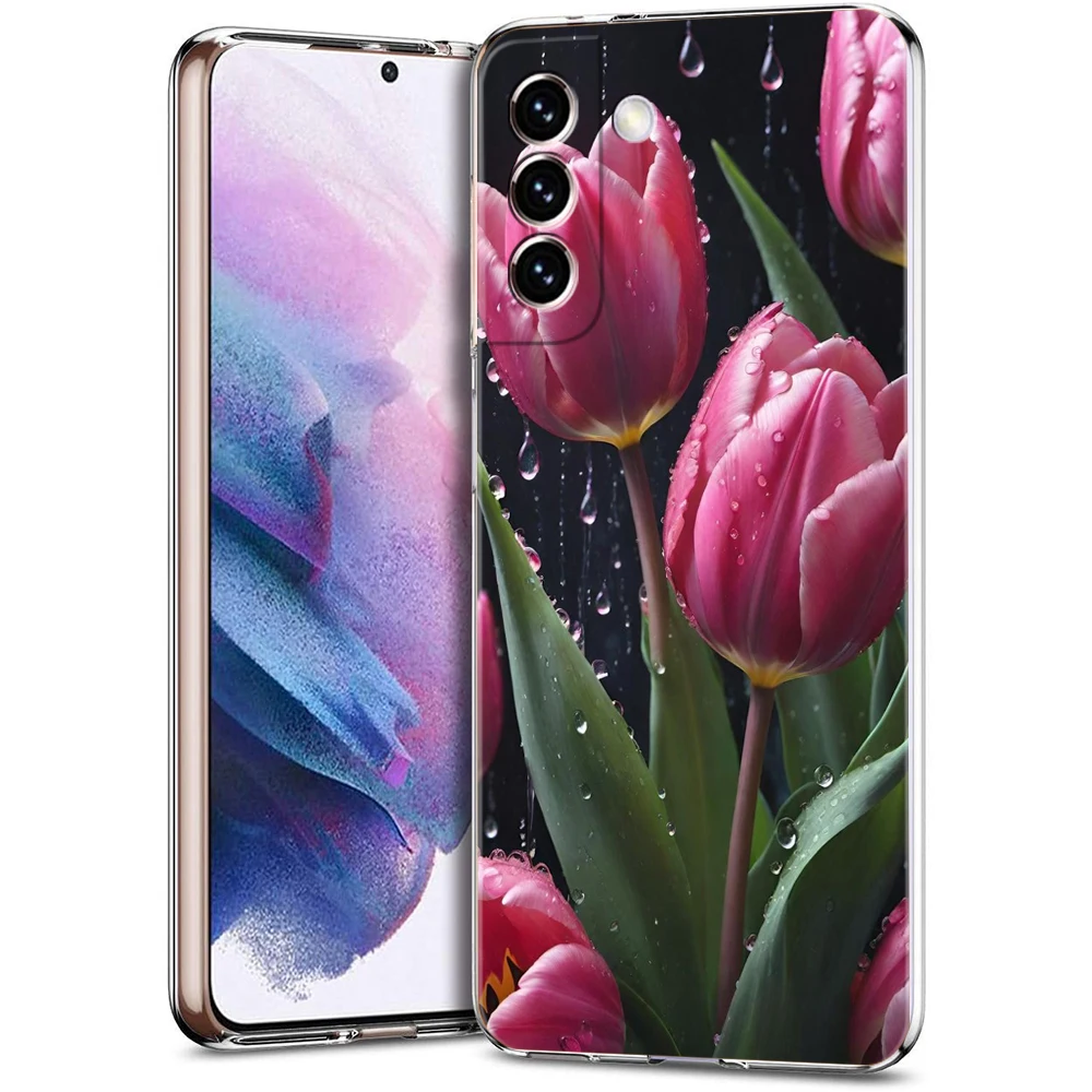 Tulip Transparent Cover for Samsung Galaxy S24 S23 S22 S20 S21 FE Ultra S24 S23 S10 S10E S9 Plus 5G Phone Case Capas Fundas Bags