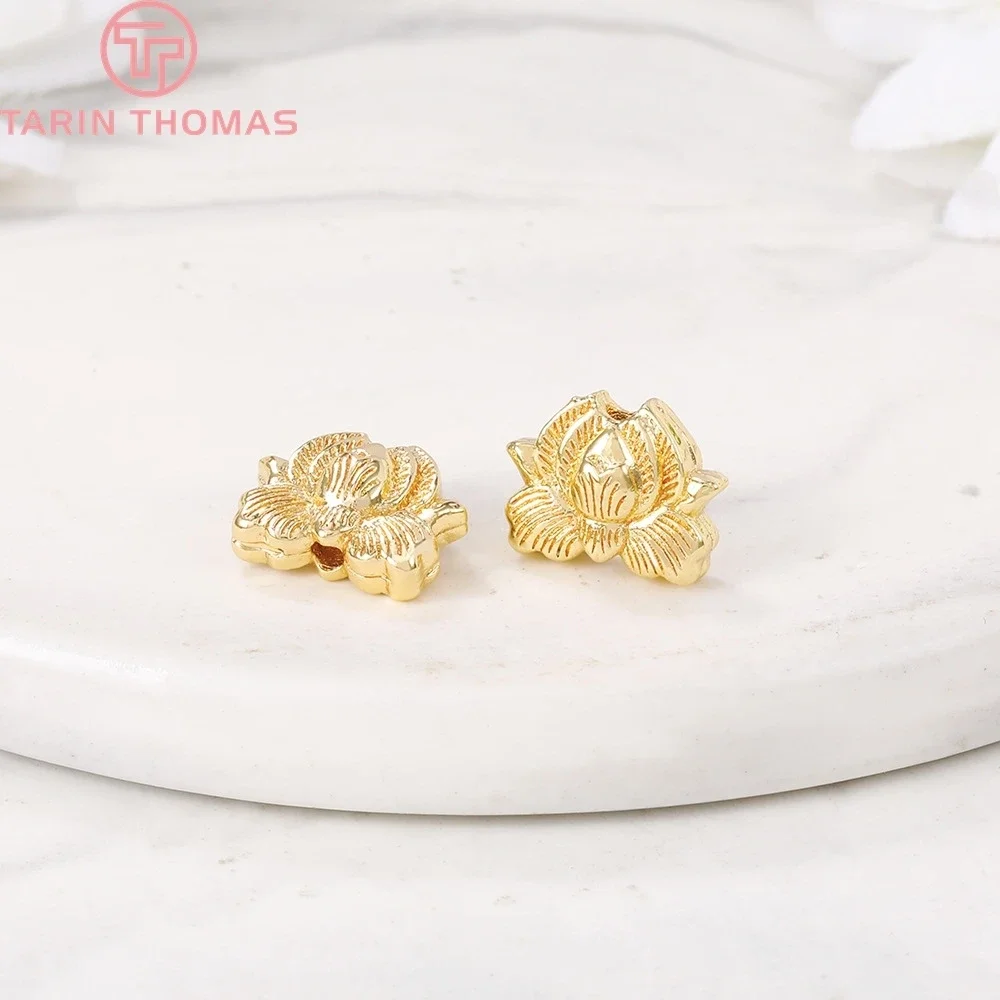 (2987)4PCS 9x11.5MM 24K Gold Color Plated Brass Lotus Spacer Beads Bracelet Beads High Quality Diy Jewelry Accessories