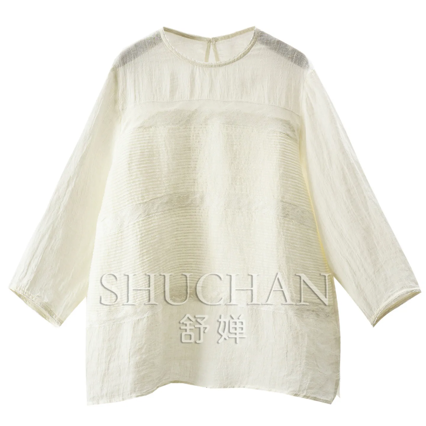 Blouse Industry Lace Tucker Pleated 100% Hemp Nine-quarter Sleeve Shirt Women's 50W8 Blusas Femininas Elegantes